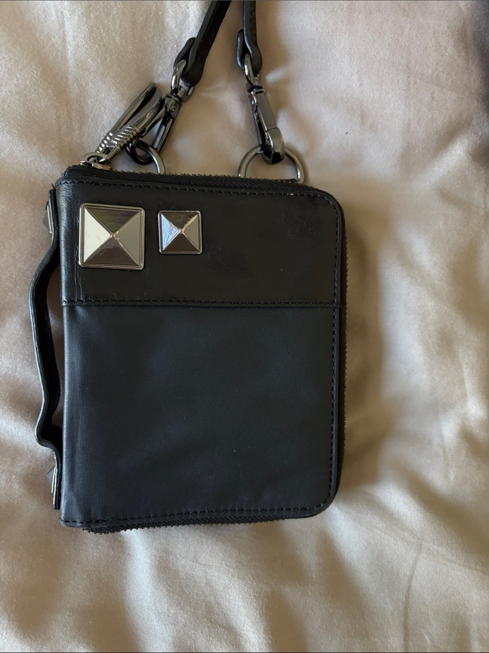 Sarah Pacini Black Leather Crossbody Wallet with Silver Studs